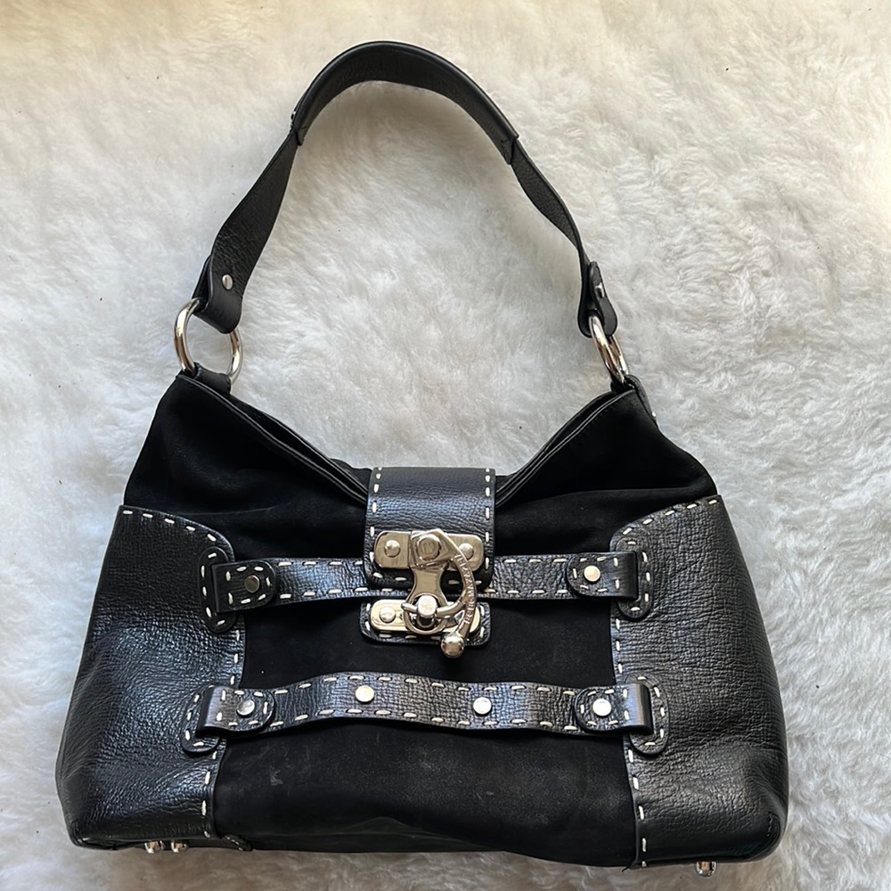 BCBGMaxAzria Black Leather & Suede Hobo Bag with Silver Hardware